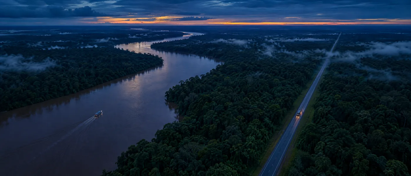 Vista aérea ao anoitecer: um rio largo e uma rodovia reta cortando a floresta, com um barco e um ônibus iluminados.