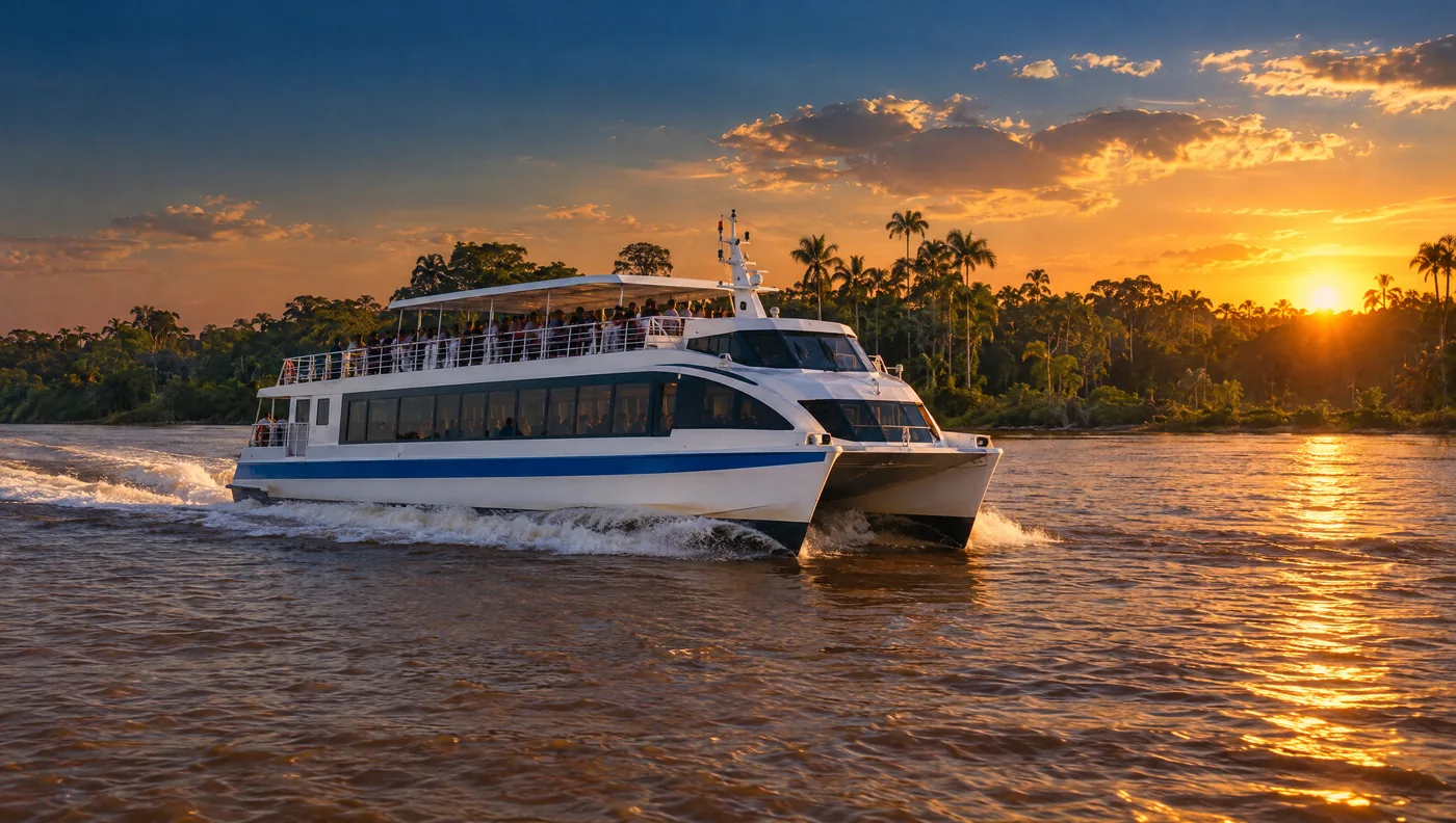 Catamarã de passageiros navegando um rio largo ao pôr do sol, com o convés superior aberto.