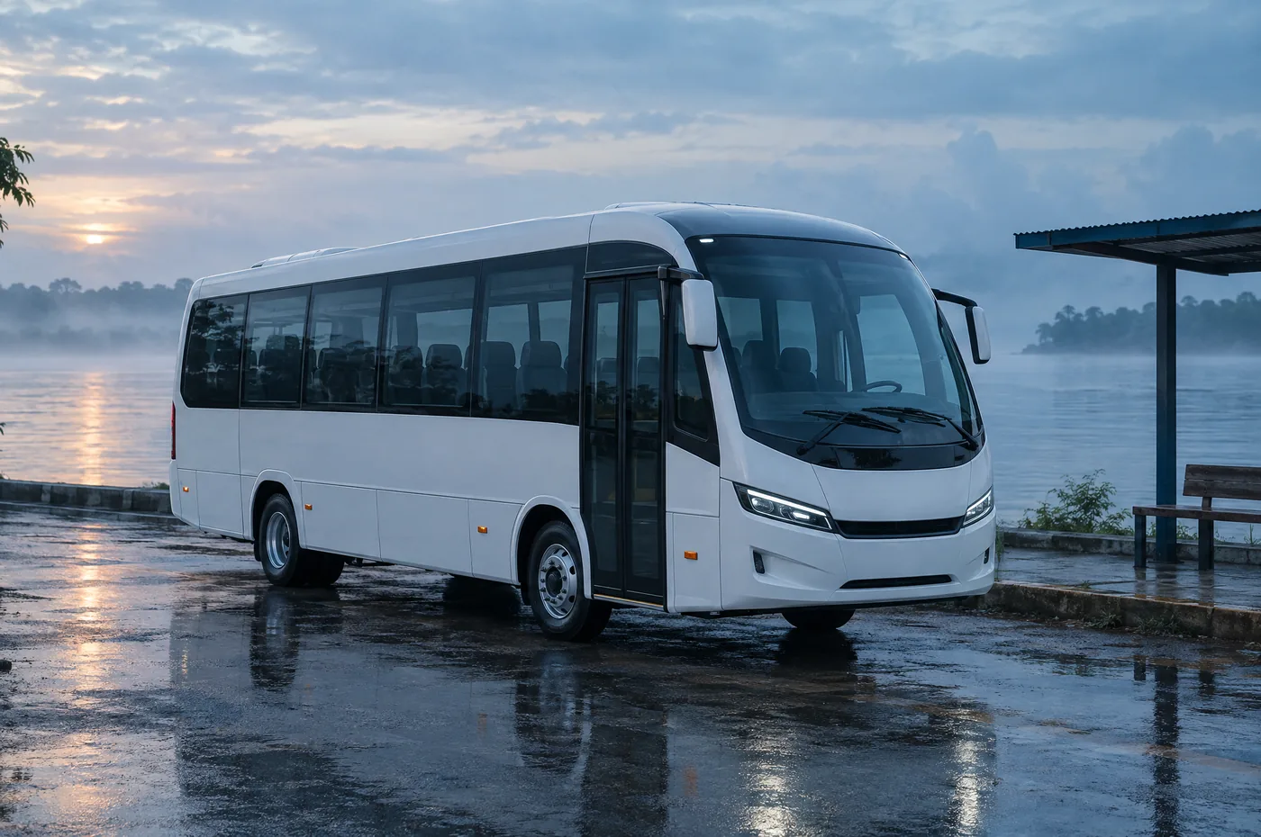 Micro-ônibus branco parado em um ponto à beira do rio, no amanhecer com névoa.