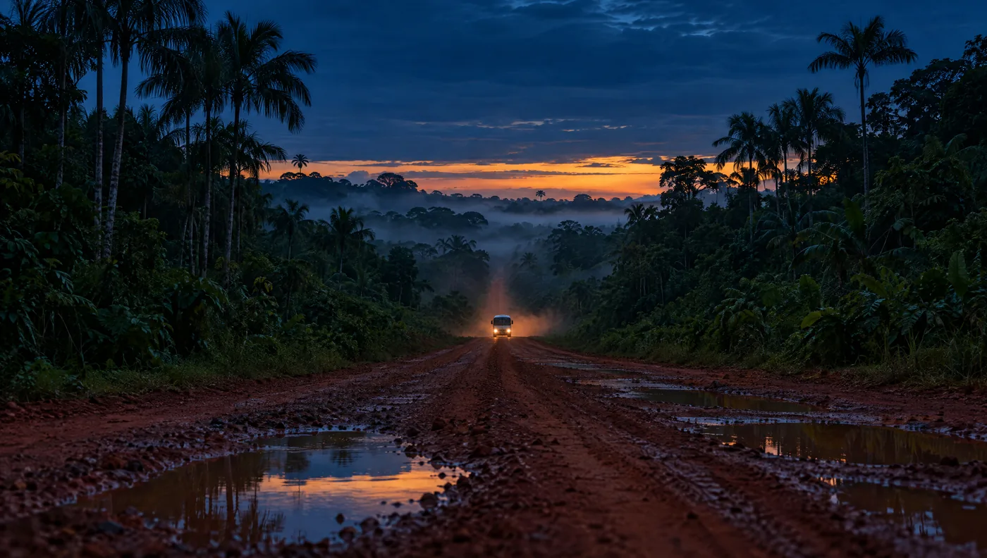 Estrada de terra vermelha atravessando a floresta ao anoitecer, com um ônibus ao longe, de faróis acesos.