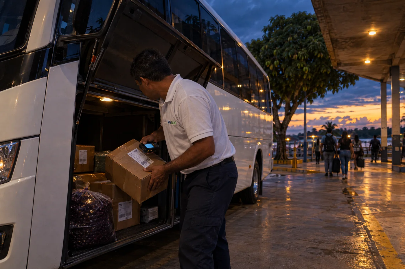 Auxiliar confere uma caixa na maquininha antes de guardá-la no bagageiro de um micro-ônibus, no terminal ao anoitecer.