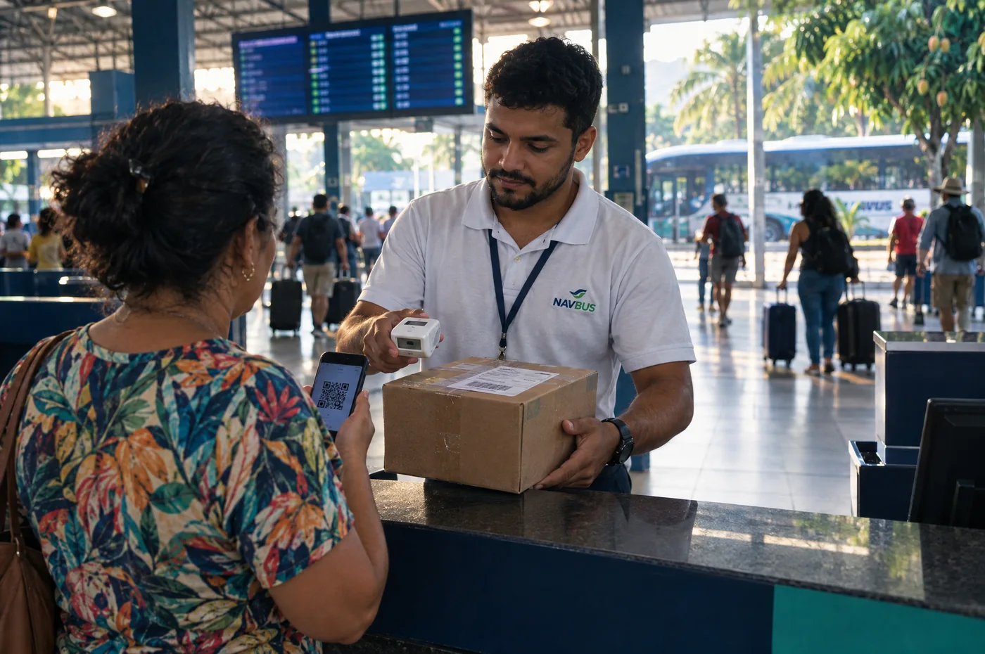 No terminal rodoviário, o atendente confere o comprovante e entrega a caixa à cliente.