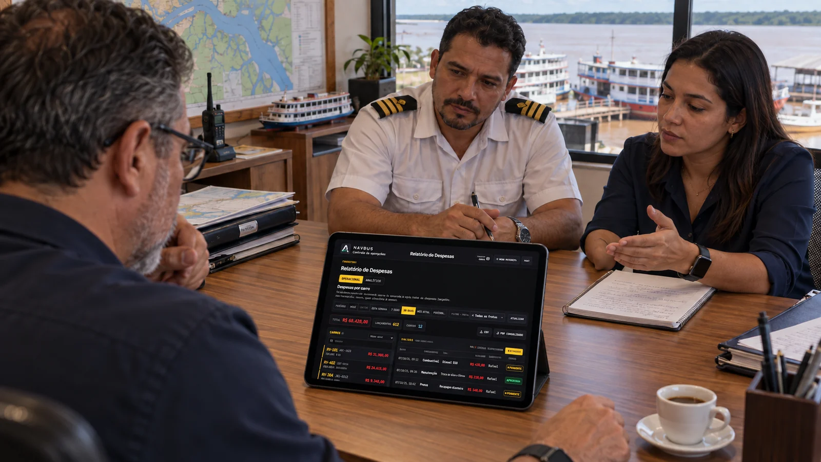 Reunião em um escritório à beira do rio: o dono da frota, um comandante de embarcação e uma gerente analisam o Relatório de Despesas da NavBus em um tablet sobre a mesa.