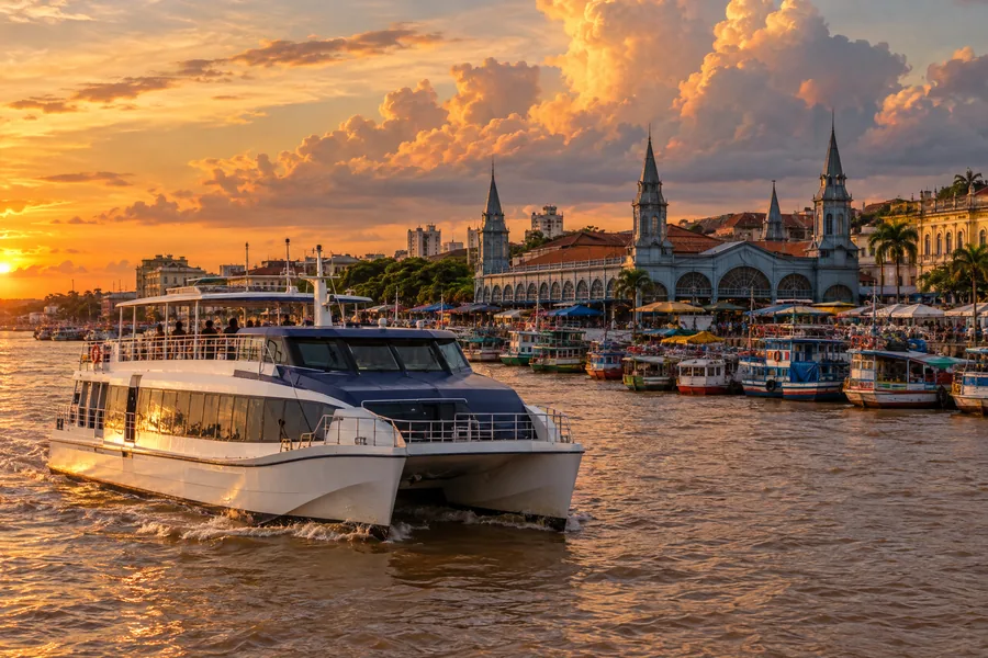 Catamarã de passageiros navegando ao pôr do sol