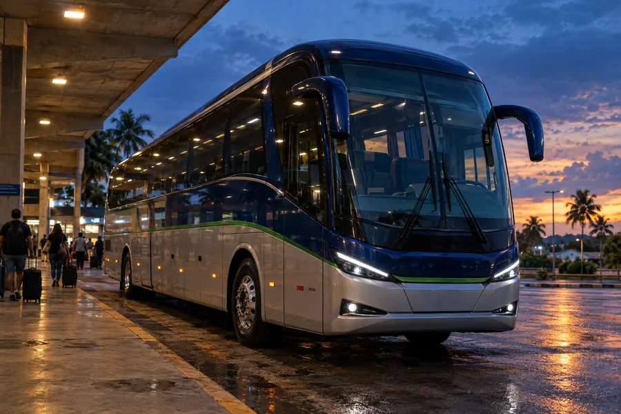 Ônibus executivo em uma rodovia ao anoitecer