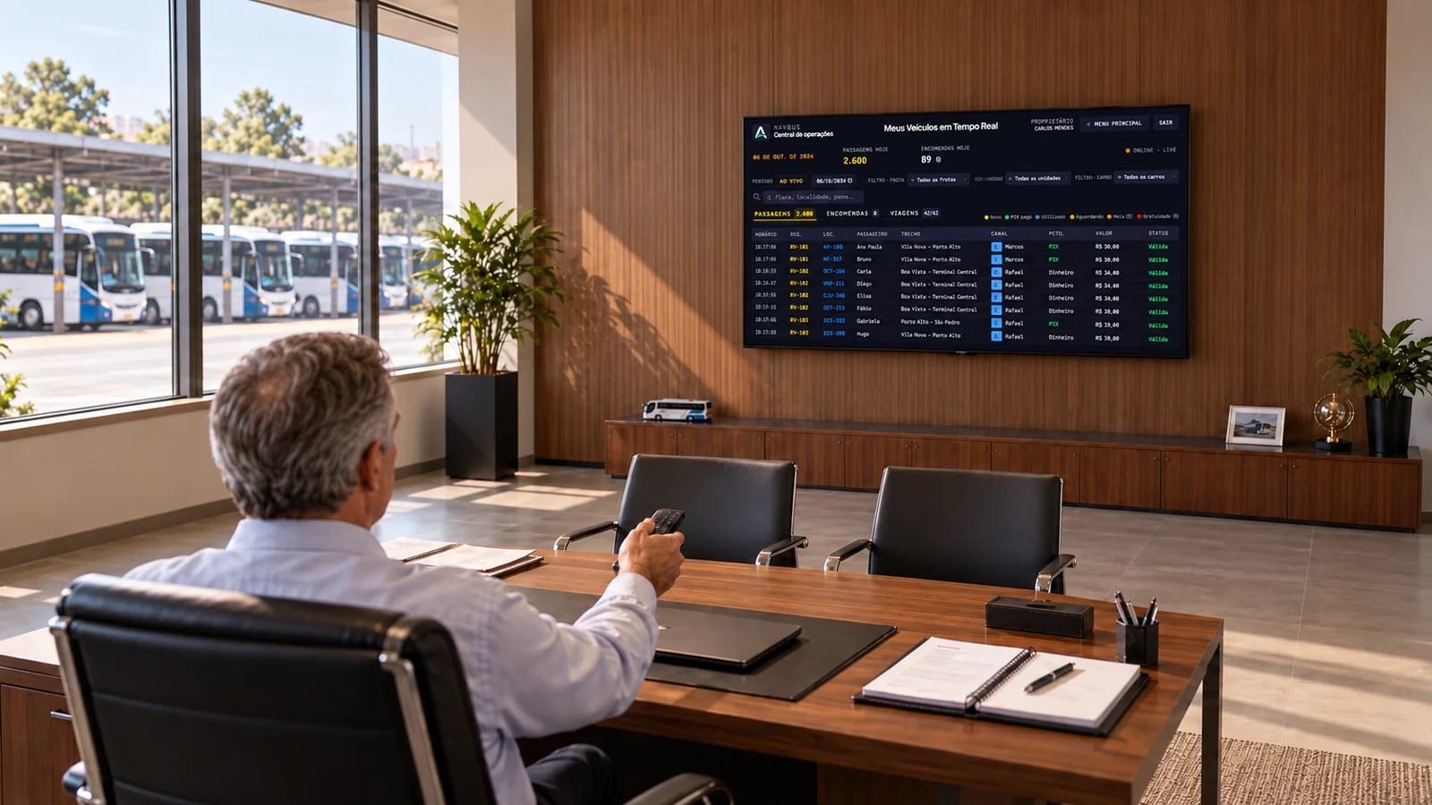 Gestor sentado em uma sala de reunião, com o controle na mão, olhando uma TV na parede que mostra o painel da NavBus com as vendas do dia; pela janela, a frota de ônibus estacionada.