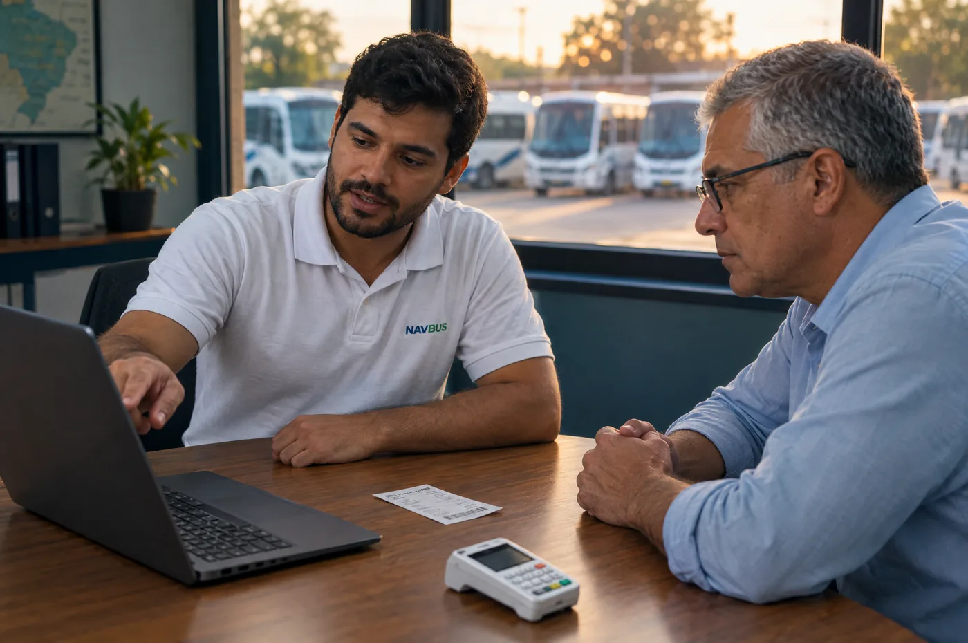 Consultor da NavBus, de camisa branca com o logotipo, mostra o notebook para o gerente de uma empresa de ônibus, que acompanha com atenção, sentado à mesa.